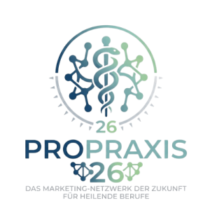 Logo for PROPRAXIS 26: a marketing network for healing professions, featuring a stylized caduceus inside a circular gradient emblem with text below.