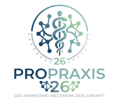 Logo for PROPRAXIS 26: a marketing network for healing professions, featuring a stylized caduceus inside a circular gradient emblem with text below.